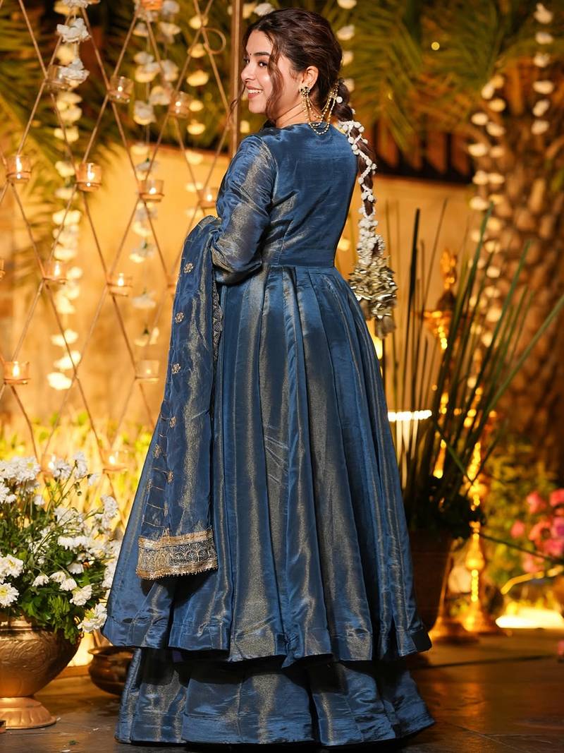 Teal Blue Sequins Chinon Salwar Kameez