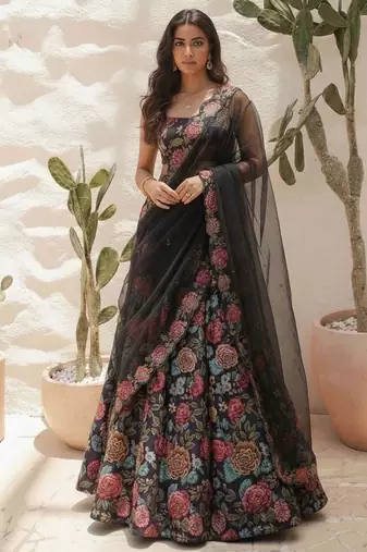 Multicolour printed Bhagalpuri Silk lehenga