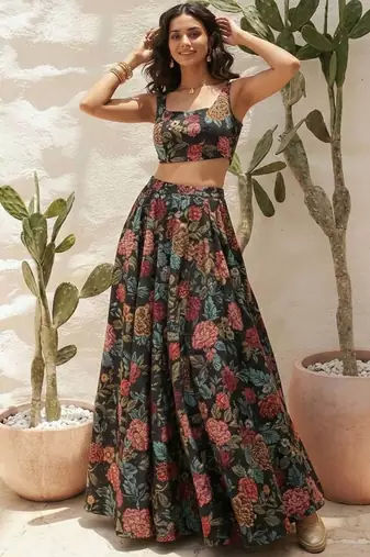 Multicolour printed Bhagalpuri Silk lehenga