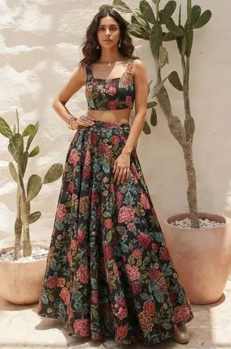 Multicolour printed Bhagalpuri Silk lehenga