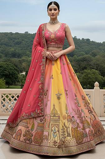 pink thread embroidered silk lehenga set choli with dupatta