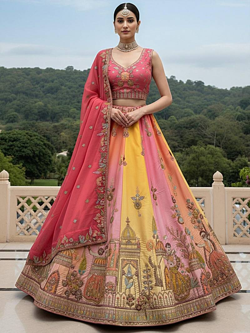 pink thread embroidered silk lehenga set choli with dupatta
