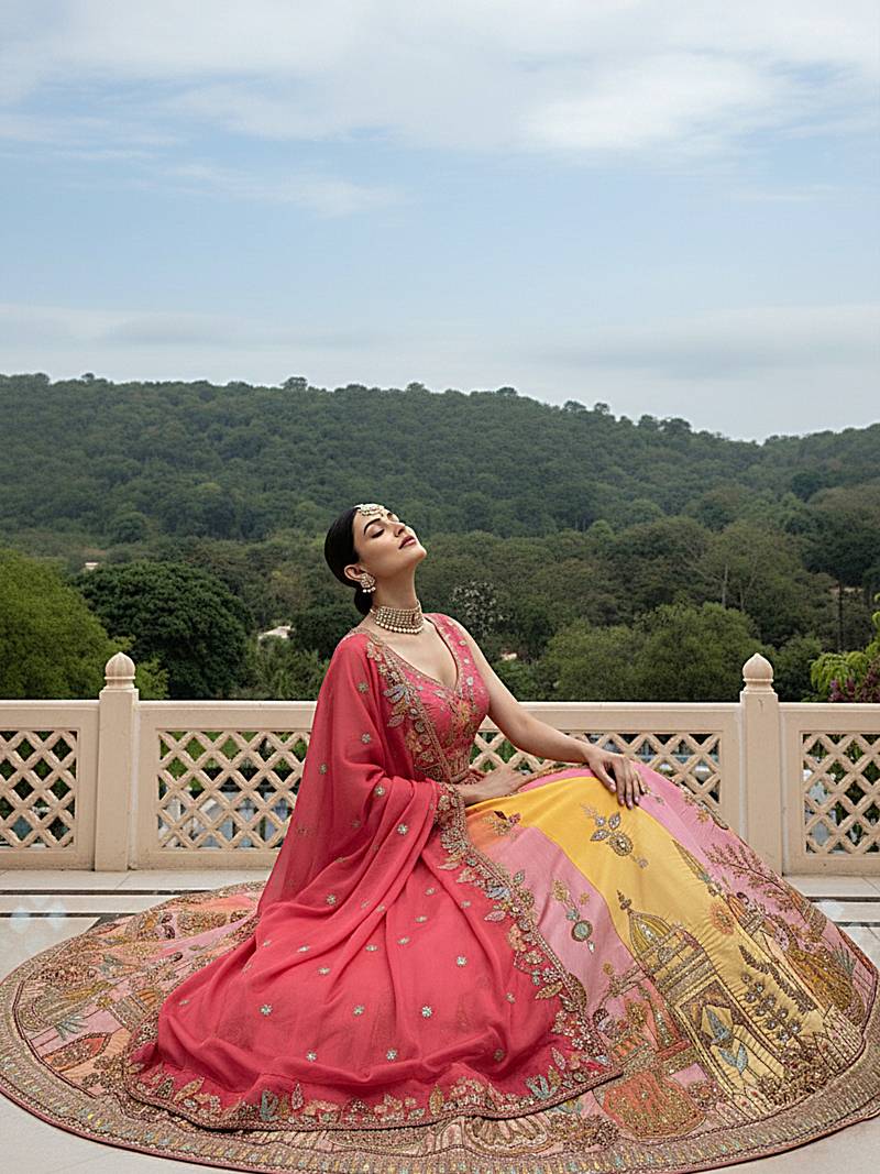 pink thread embroidered silk lehenga set choli with dupatta