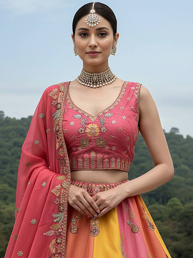 pink thread embroidered silk lehenga set choli with dupatta