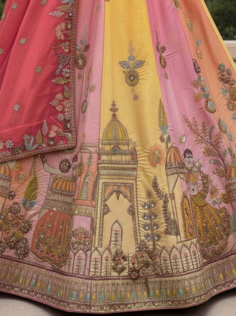 pink thread embroidered silk lehenga set choli with dupatta