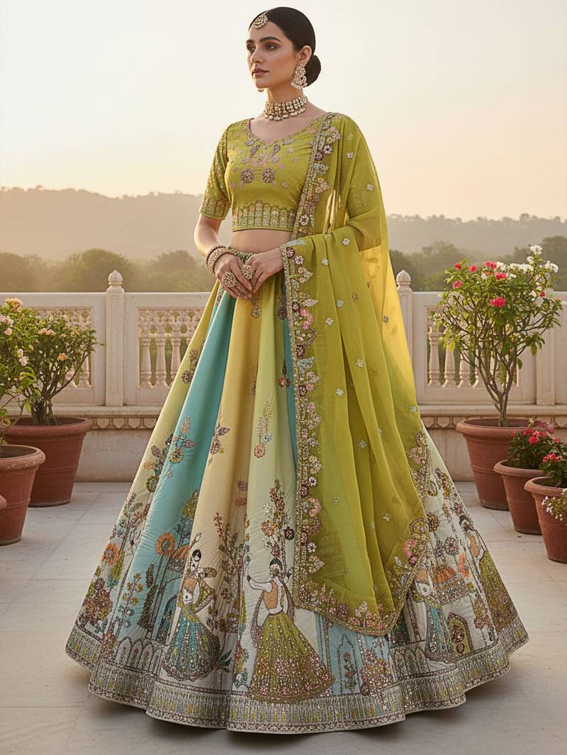 green thread embroidered silk lehenga set choli with dupatta