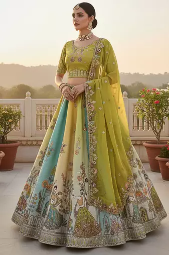 green thread embroidered silk lehenga set choli with dupatta