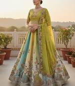 green thread embroidered silk lehenga set choli with dupatta