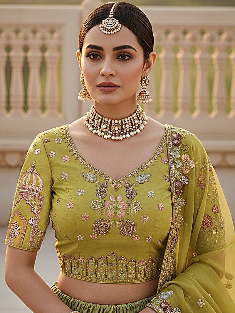 green thread embroidered silk lehenga set choli with dupatta