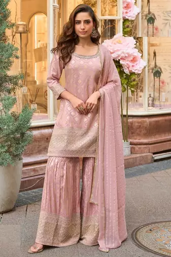 Baby pink shimmer silk full stitched sharara suits