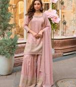 Baby pink shimmer silk full stitched sharara suits