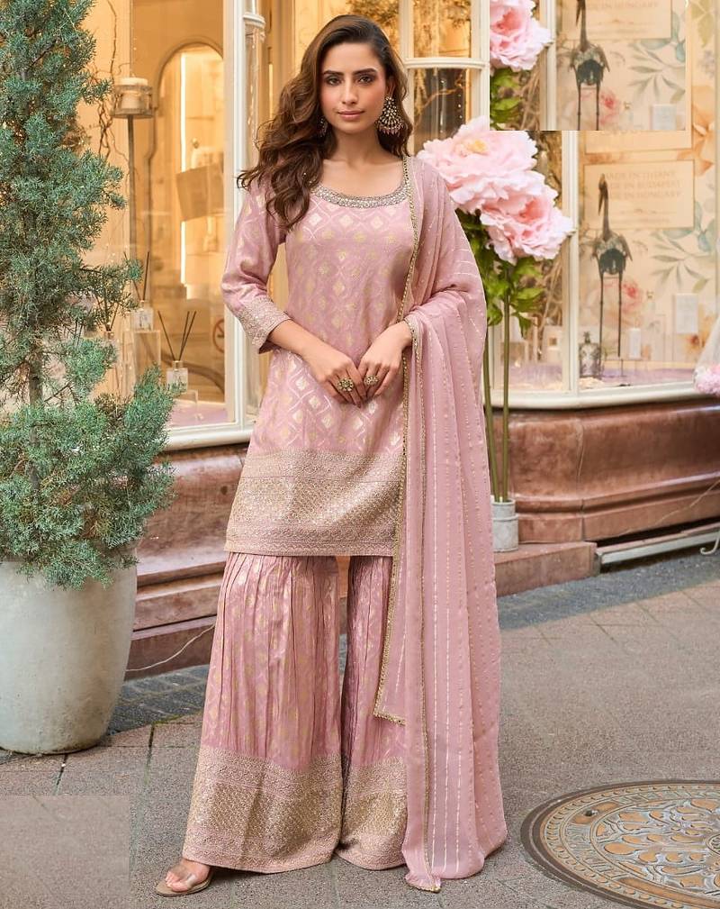 Baby pink shimmer silk full stitched sharara suits
