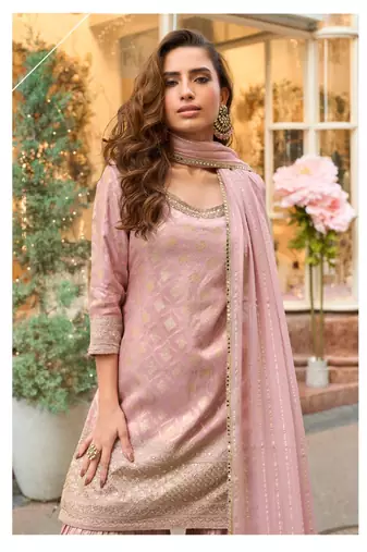 baby pink shimmer silk sharara suit-Full Stitched Free size