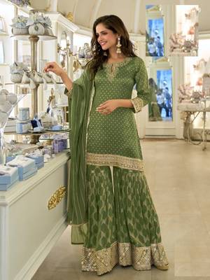 green shimmer silk sharara suit-Full Stitched Free size 1