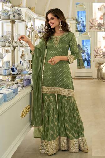Leaf green shimmer silk full stitched sharara suits