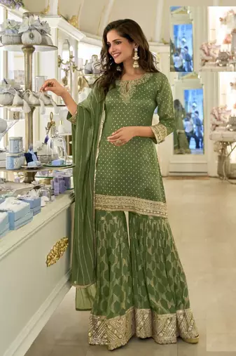 Leaf green shimmer silk full stitched sharara suits