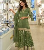 Leaf green shimmer silk full stitched sharara suits