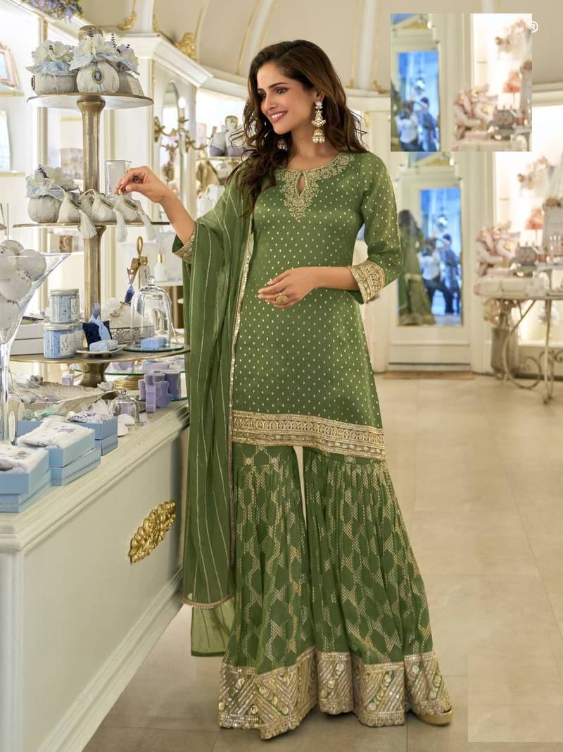Leaf green shimmer silk full stitched sharara suits