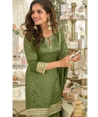 green shimmer silk sharara suit-Full Stitched Free size 2