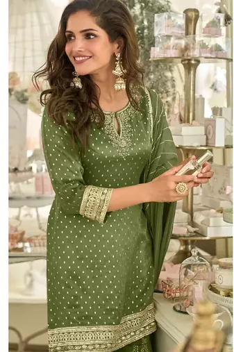 green shimmer silk sharara suit-Full Stitched Free size