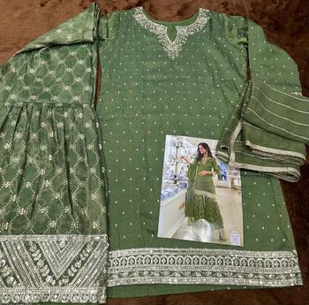 green shimmer silk sharara suit-Full Stitched Free size 3