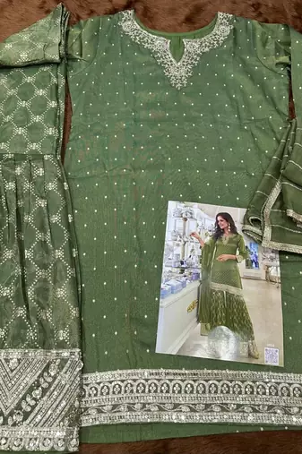 green shimmer silk sharara suit-Full Stitched Free size