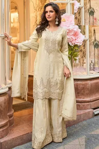 Ivory shimmer silk full stitched sharara suits