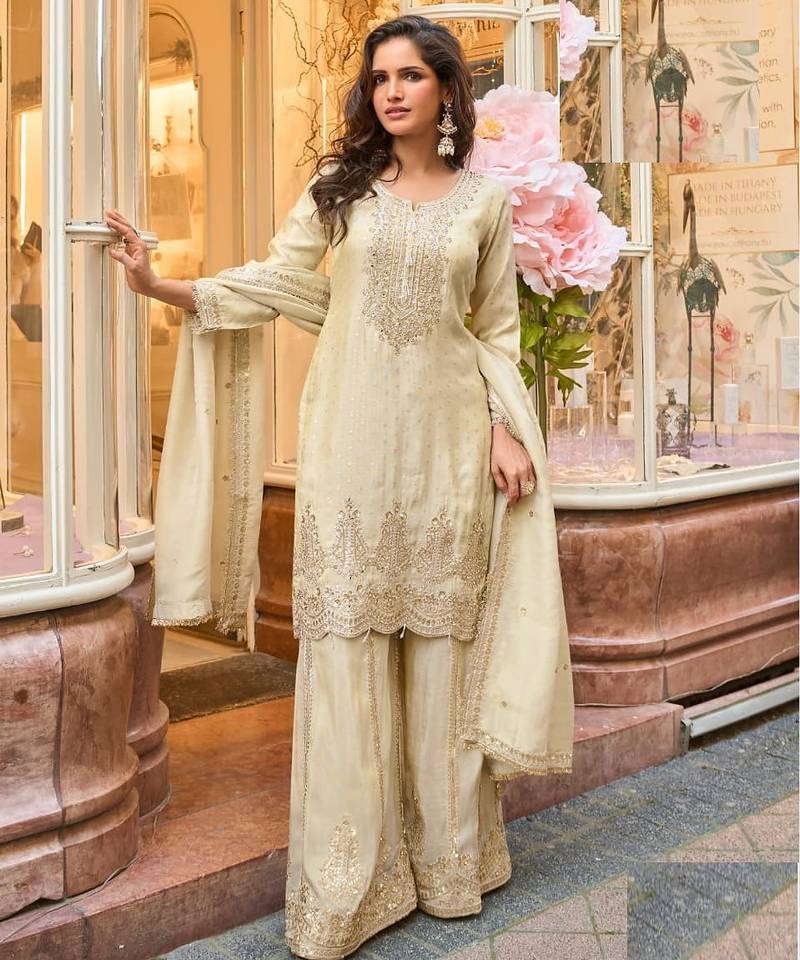 Ivory shimmer silk full stitched sharara suits