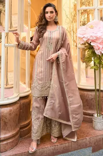 Peach shimmer silk full stitched sharara suits