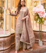 Peach shimmer silk full stitched sharara suits