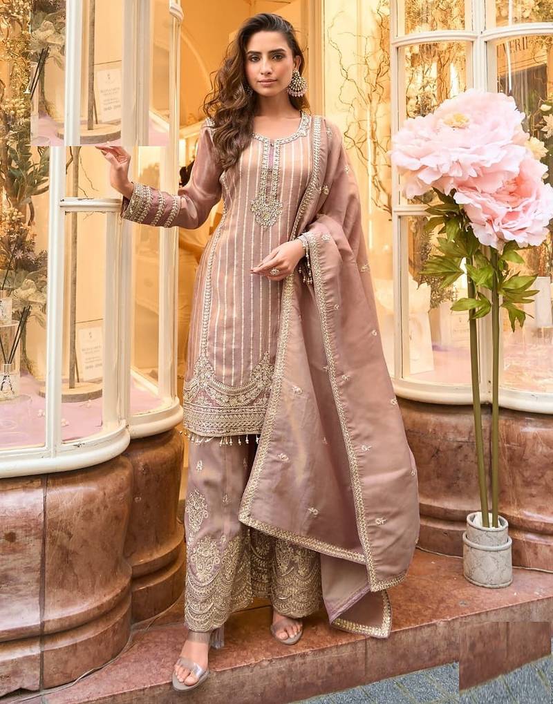 Peach shimmer silk full stitched sharara suits