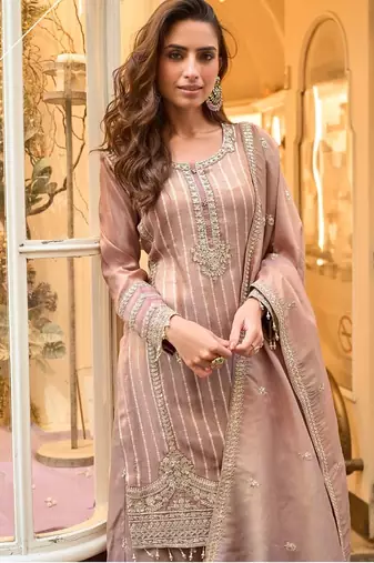 peach shimmer silk sharara suit -Full Stitched Free size