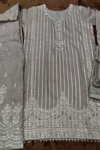 peach shimmer silk sharara suit -Full Stitched Free size
