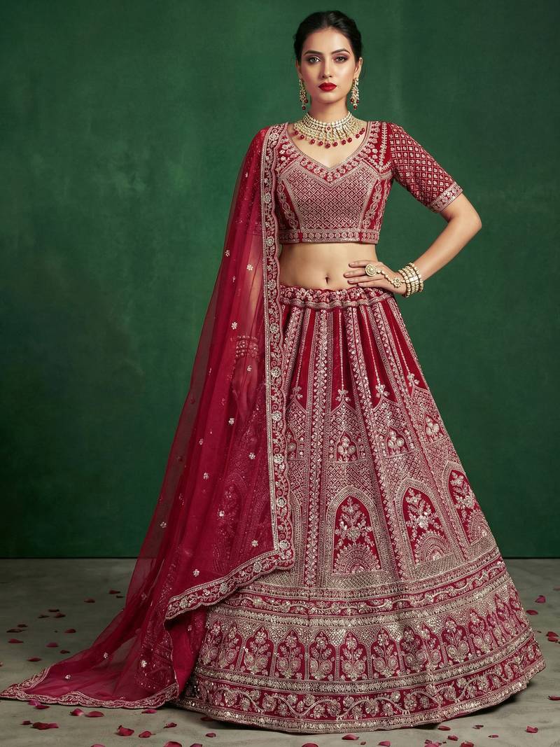 red dori embroidered satin bridal lehenga set choli with dupatta