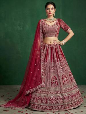red dori embroidered satin bridal lehenga set choli with dupatta 1