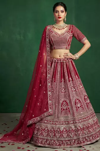 red dori embroidered satin bridal lehenga set choli with dupatta
