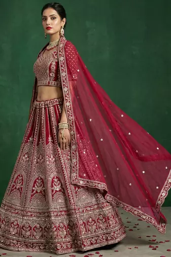 red dori embroidered satin bridal lehenga set choli with dupatta