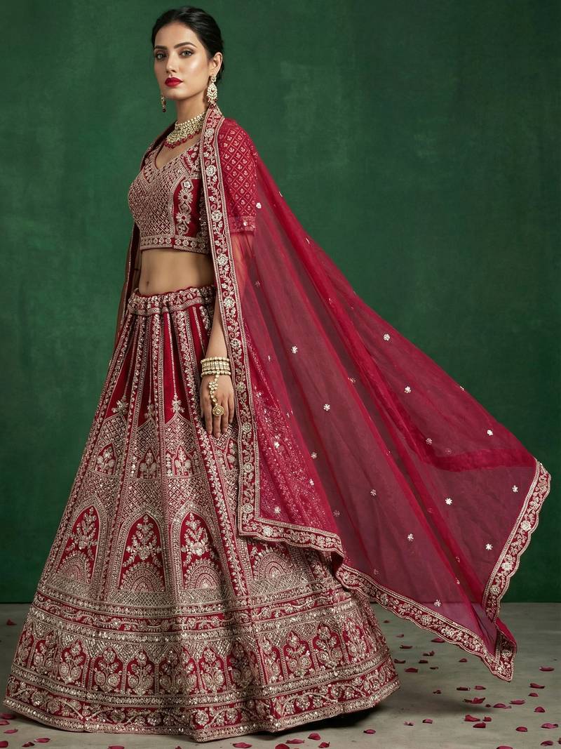 red dori embroidered satin bridal lehenga set choli with dupatta