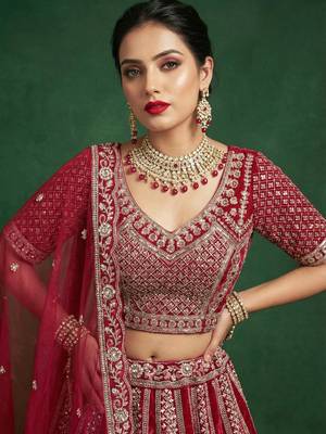 red dori embroidered satin bridal lehenga set choli with dupatta 3