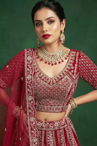 red dori embroidered satin bridal lehenga set choli with dupatta