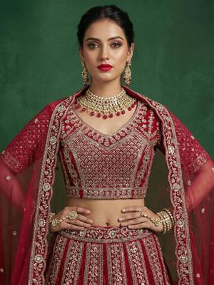 red dori embroidered satin bridal lehenga set choli with dupatta 4