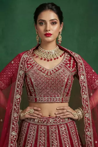 red dori embroidered satin bridal lehenga set choli with dupatta