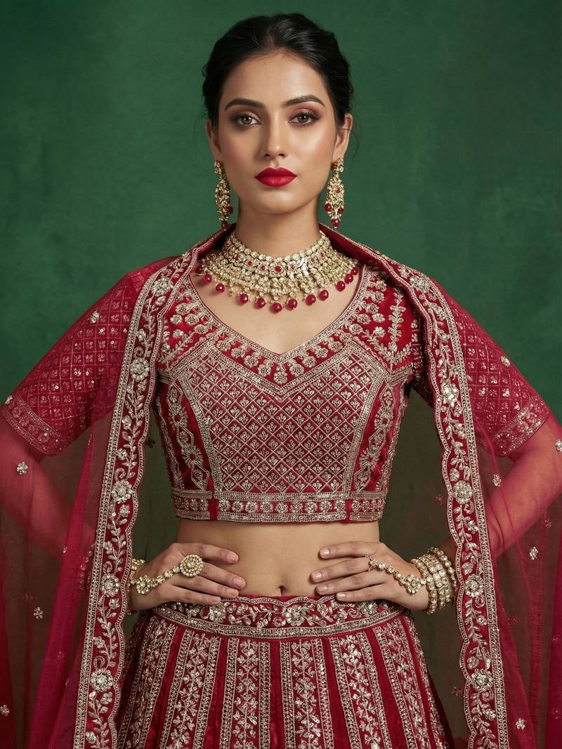 red dori embroidered satin bridal lehenga set choli with dupatta