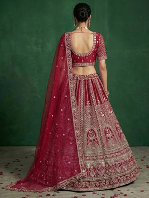 red dori embroidered satin bridal lehenga set choli with dupatta 5