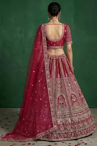 red dori embroidered satin bridal lehenga set choli with dupatta