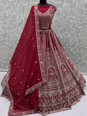 red dori embroidered satin bridal lehenga set choli with dupatta 6