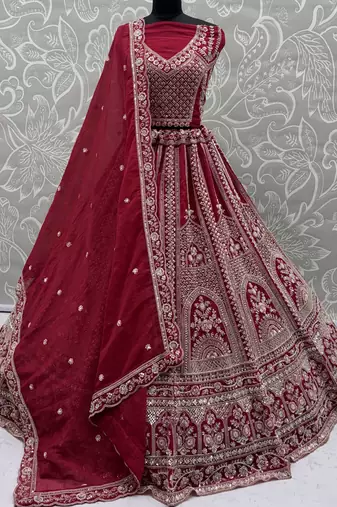 red dori embroidered satin bridal lehenga set choli with dupatta