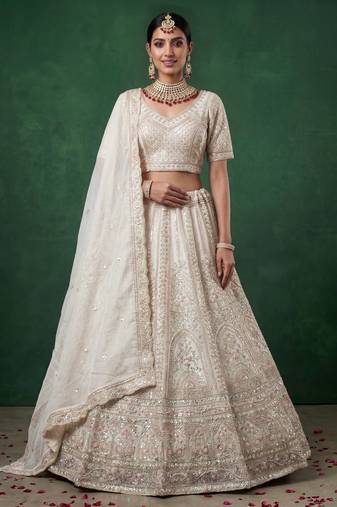 off white dori embroidered satin lehenga set choli with dupatta