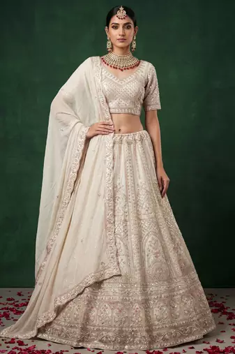 off white dori embroidered satin lehenga set choli with dupatta