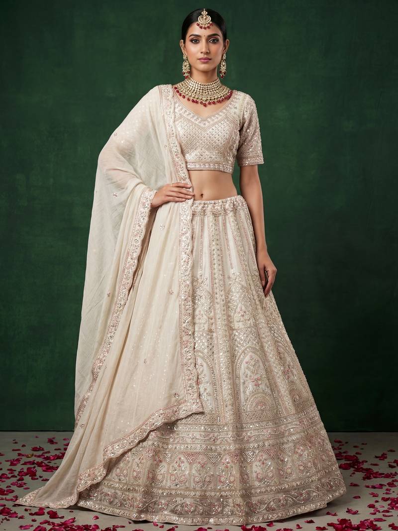 off white dori embroidered satin lehenga set choli with dupatta